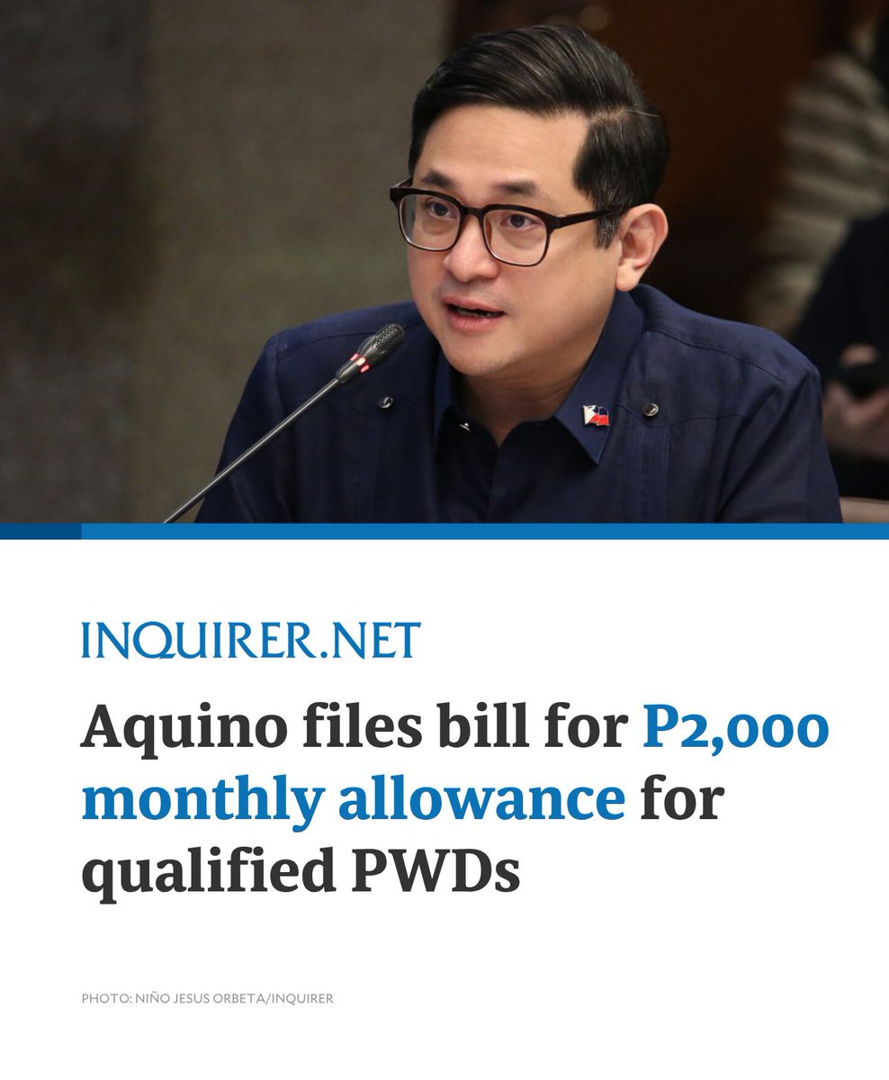 inquirerdotnet's tweet photo. Sen. Bam Aquino has filed a bill pushing for a P2,000 monthly allowance for qualified persons with disabilities (PWDs) to help with their everyday expenses and to empower them to “live more independently.”

READ MORE: https://t.co/MVZV7P4vDX https://t.co/aOT02W5a90