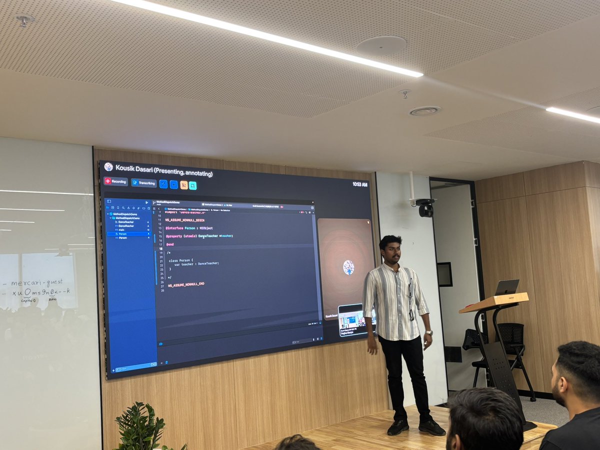 SwiftBengaluru's tweet photo. Kousik Dasari takes us under the hood of the Objective-C Runtime ⚙️
Exploring the nuances of messaging, selectors, swizzling, and the runtime magic that powers the Apple ecosystem.
#iOSDevelopment #ObjectiveC #Swift https://t.co/NSMGbdKUuH