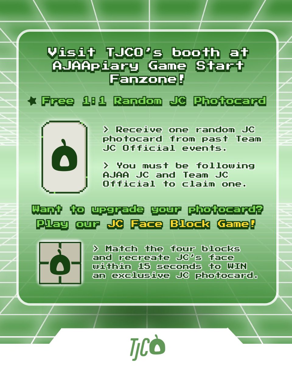 teamjcofc's tweet photo. [🐝] CHECKPOINT #2: AJAApiary | TEAM JC OFC 💚

JCO! Drop by our booth tomorrow for exclusive freebies and prizes! 🎁

See Ü at the Fanzone starting at 1 PM! Time and location are subject to change due to weather conditions. ⭐️

#AJAA #AJAAGameStart
#AJAAFirstConcert https://t.co/TdkOE5YZLW