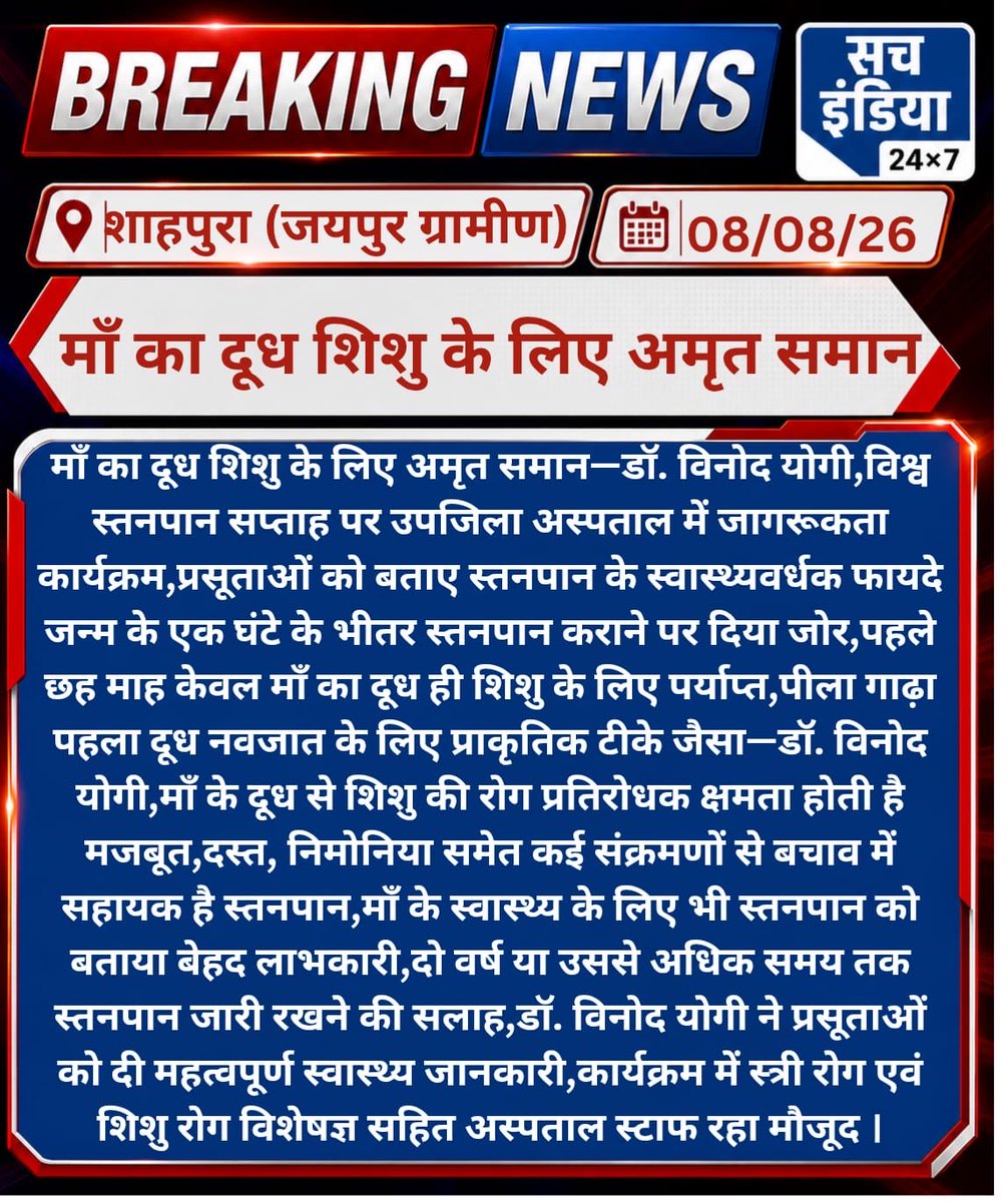 Sachindia24's tweet photo. माँ का दूध शिशु के लिए अमृत समान—डॉ. विनोद योगी,विश्व स्तनपान सप्ताह पर उपजिला अस्पताल में जागरूकता कार्यक्रम #shahpura #sachindianews #hospital #cmo #shahpuranews #fastnews #sachindianews https://t.co/qqHCHCWXfq