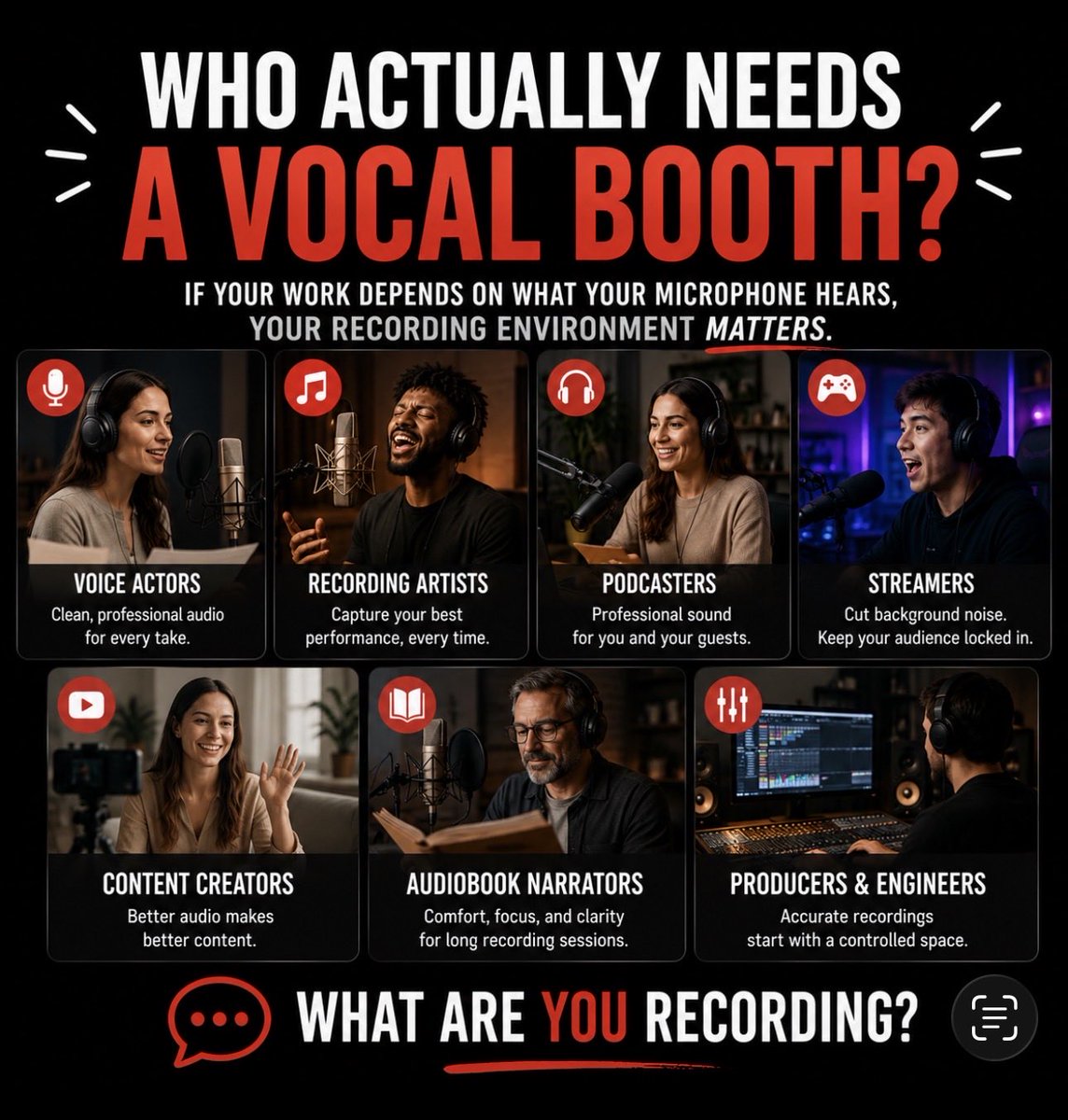 LAvocalbooths's tweet photo. Who actually needs a vocal booth? 🤔

🎙️ Voice actors
🎵 Recording artists
🎧 Podcasters
🎮 Streamers
🎥 Content creators
📚 Audiobook narrators
🎚️ Producers & engineers

Basically…
If your work depends on what your microphone hears, your recording environment matters.
What are YOU recording? 👇