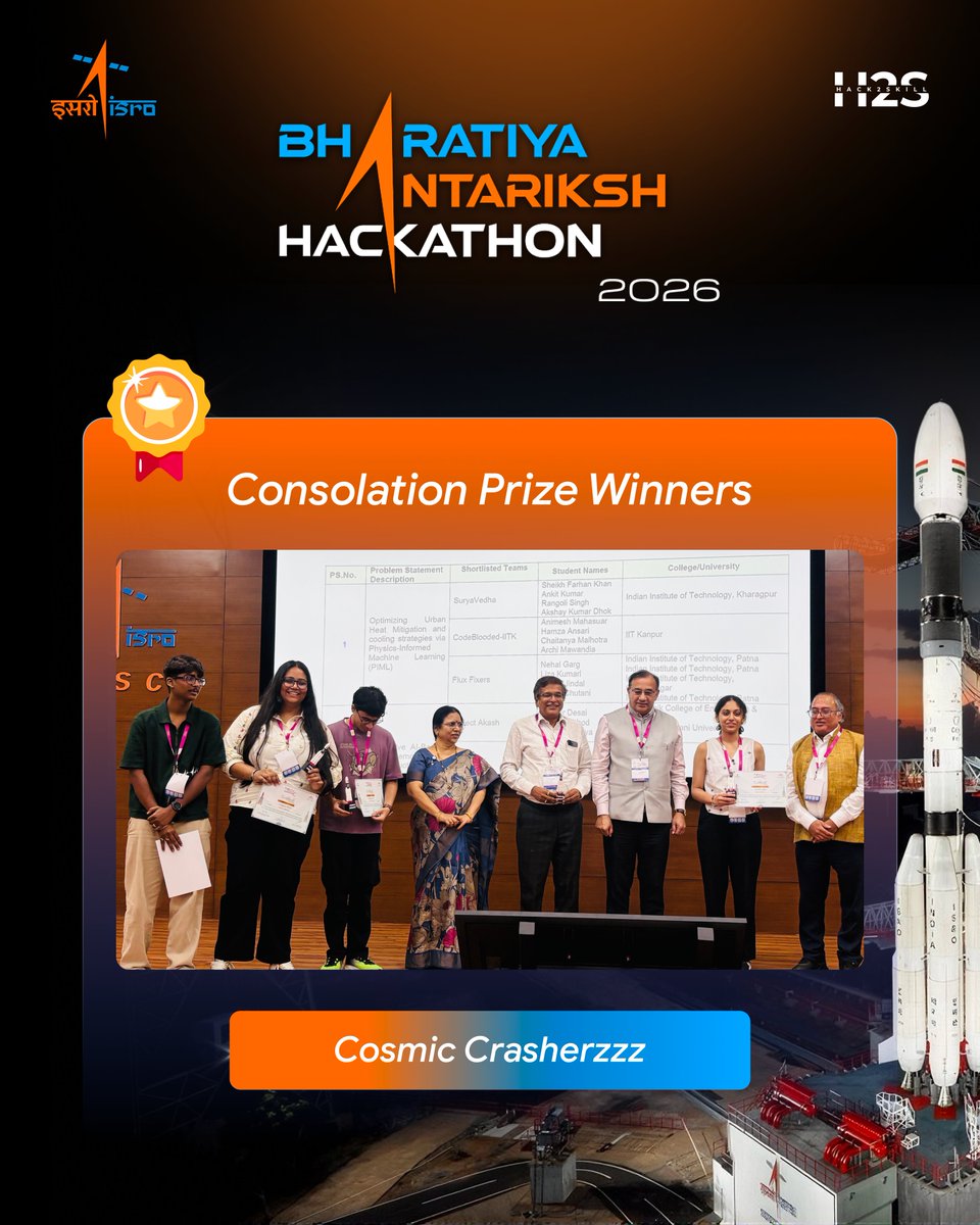 hack2skill's tweet photo. 🏅 Consolation Prize Winners
I.N.T.E.R.S.T.E.L.L.A.R
Cosmic Crasherzzz
Congratulations to both teams!
A big shoutout to all the finalists who made this journey special.
#BAH2026 #BharatiyaAntarikshHackathon #ISRO #SpaceTech #Hackathon #Innovation #FutureOfSpace #Hack2skill https://t.co/ZJ9i7XvnFs