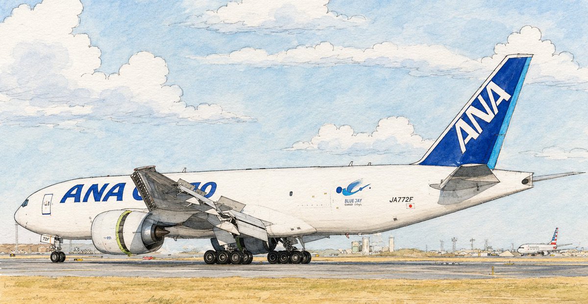 yuancommissar's tweet photo. 今日の一枚！✈️
ANA CARGOのB777Fを、ちょっと懐かしい航空イラスト風にしてみました🎨
こういう手描き感のある塗りと線、やっぱり飛行機と相性いいですね。
大型貨物機なのに、なんだか優しい雰囲気になるのが好きです😊
#航空機 #飛行機 #イラスト #ANACARGO #B777F #Boeing777 https://t.co/jT9CEGLEaK