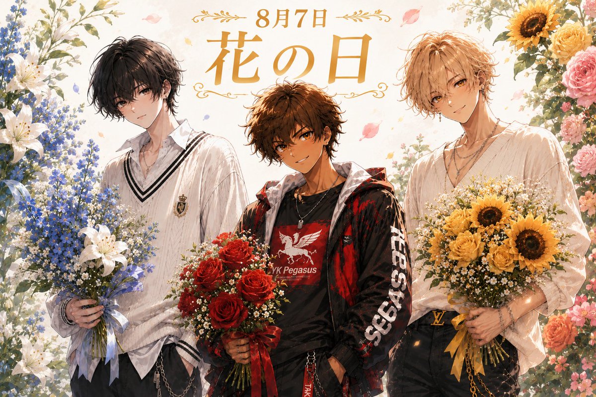 blacksheep00852's tweet photo. 【花男子ズ】
一日遅れましたが花の日ということ花と男子。

花が似合う男子は可愛い😍👍😊
チャッピーくんに無指定で出してもらったんだけど、晃樹くんがひまわりかなと思っていたけど、バラもアリだね👍🤩

#Alart  #AIイラスト #YKPegasus #猫人間少年 #CrossTails https://t.co/XuOtJ3Jwxo