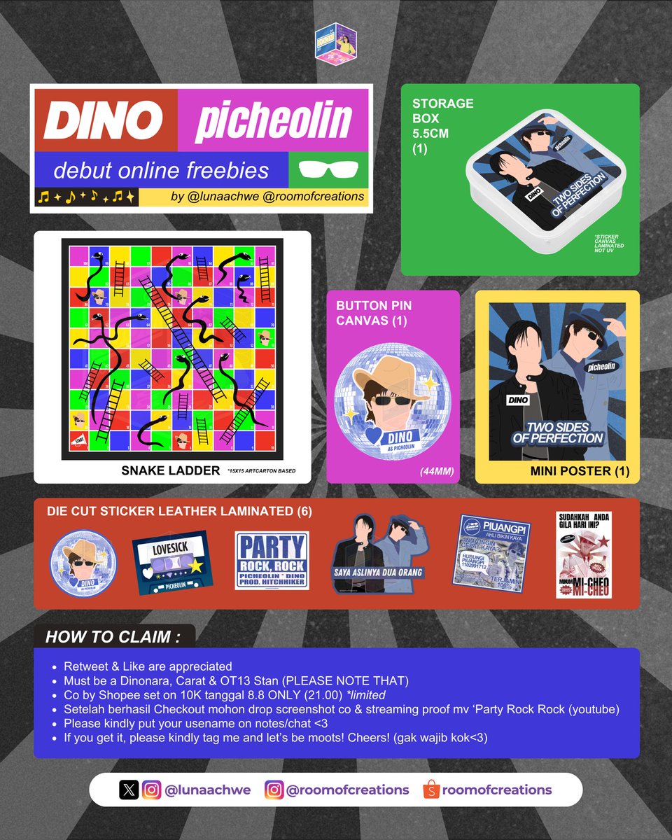 lunaachwe's tweet photo. .𖥔 ݁ ˖ online freebies‧₊˚ ⋅

in celebrating dino’s picheolin debut 🪩

rules :
✦ rt&like are appreciated, no need to follow or tag me, tp kalo mau mutualan boleh bgt💓
✦ for dinonaras & carat only
✦ co by shopee set 10k
✦ co on 08.08 (21.00) https://t.co/UvsbkWoFOI *limited
✦ setelah berhasil co, WAJIB drop ss co & proof streaming mv ‘party rock rock’ (youtube) ☺️
✦ special giveaway (items on pic) nanti ada di etalasenya, siapa cepat dia dapat yaa💃🏻🕺🏻

details⬇️