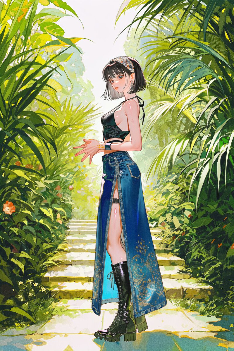 codus2255's tweet photo. [연잉 미니 룩북🫶]
embroidered denim hairband, 2::long skirt, denim skirt::, knee boots black camisole, cleavage, sideboob, criss-cross halter, midriff, thigh belt, 1.2::intricate {dancheong} patterns skirt, shimmer details::, layered skirt, intricately embroidered skirt, side s https://t.co/gCf3d2G50R