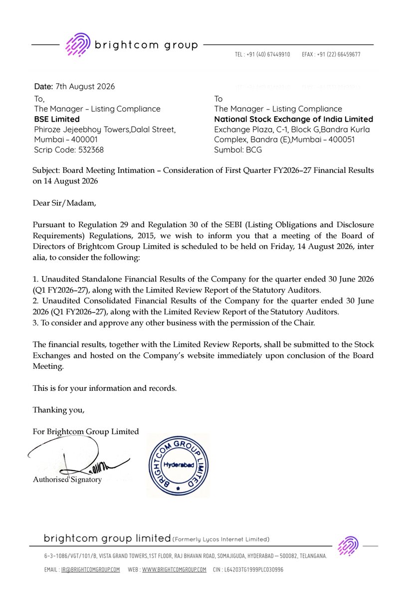 sustainme_in's tweet photo. Brightcom Group ๐ป ๐ โ ๐ฆ ๐ป
Board meets 14 Aug 2026 to consider Q1 FY2026-27 standalone and consolidated results.
#Brightcom #promoterfraudstocks #fraud #scam #OMS #stockmarketcrash #brightcomgroupb
#Q1FY27 https://t.co/X66VZhokZY