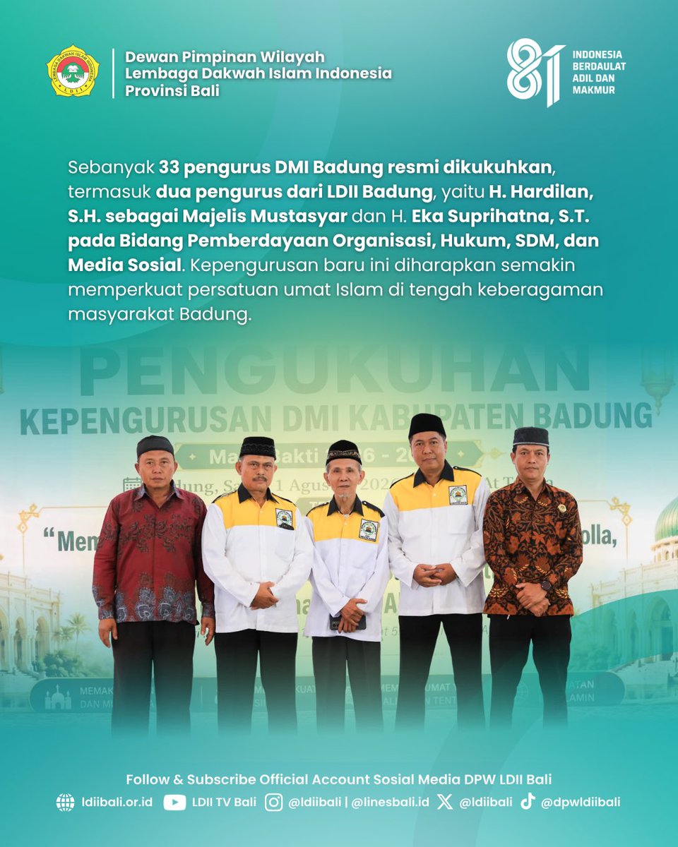 ldiibali's tweet photo. Pengukuhan Pengurus DMI Badung Periode 2026-2031, LDII Siap Perkuat Harmoni dan Persatuan Umat
#LDIIBadung #DMIBadung #LDIIBali #LDII #LDIIUntukBangsa https://t.co/8w9SbTCoK3