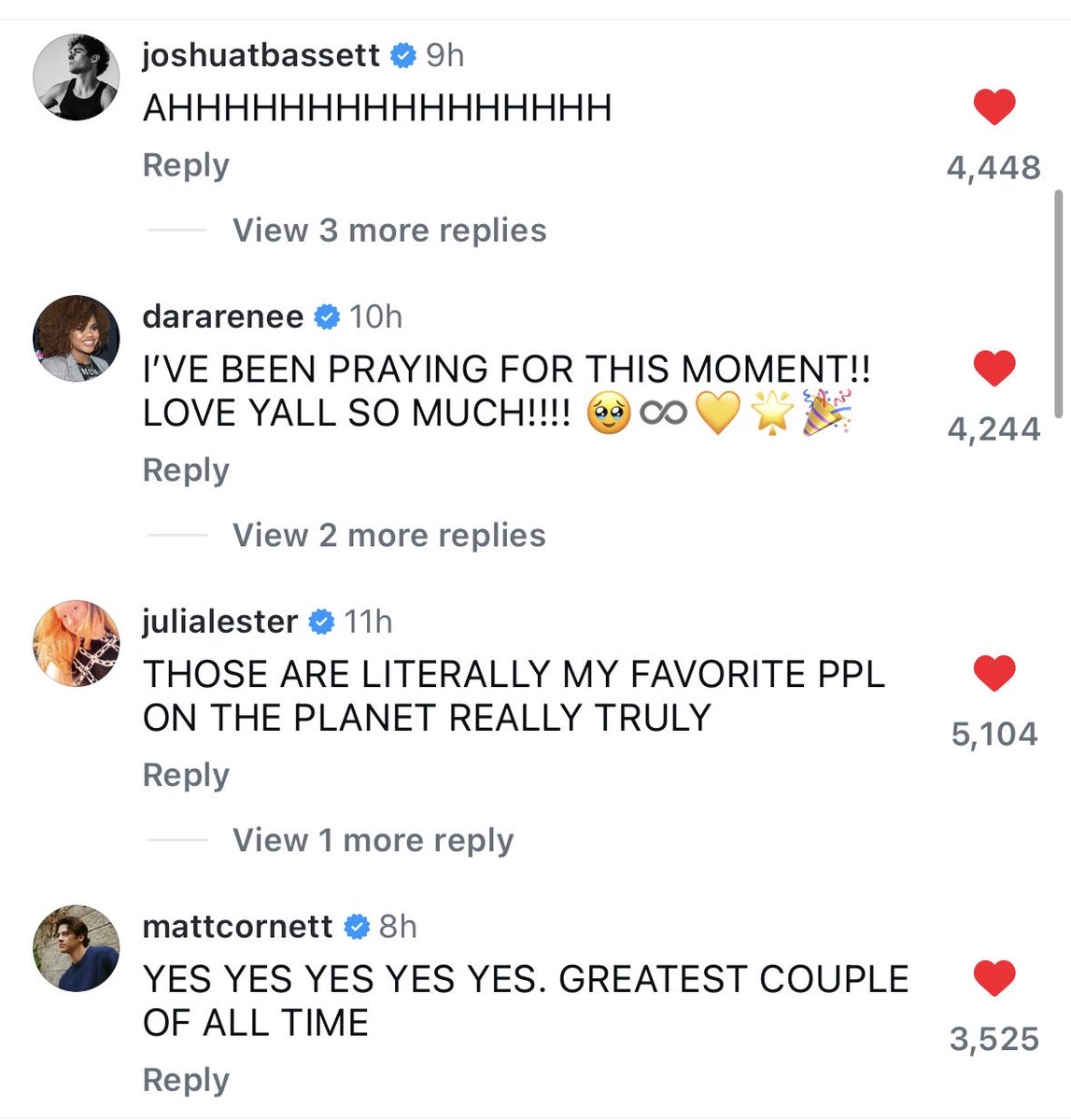 hinnystheme's tweet photo. The HSMTMTS cast all commenting on Joe and Frankie’s engagement post🥹🥹 (and Glen Powell)😭😭 https://t.co/8CNZOyTm1Y