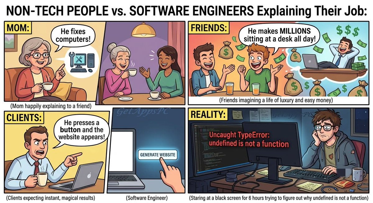 get_apps_pc's tweet photo. Non-tech people vs. Software Engineers explaining their job: https://t.co/E9yrGbWGgl