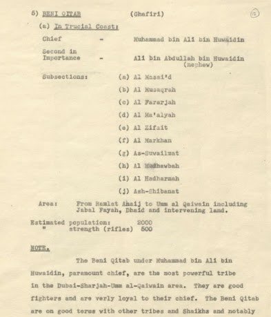 Hmd_Almarar's tweet photo. 📜 تقرير بريطاني - 1948م

قبيلة "بني كْتب"
في الساحل المتصالح 🇦🇪

الشيخ ؛ محمد بن علي بن هويدن
الثاني في الأهميّة ؛ علي بن عبدالله بن هويدن ( ابن أخيه )
الفخائذ :
المساعيد
المصاقرة * ومنهم الشيخة فاطمة بنت مبارك حفظها الله *
الفرارية
المعالية
الزفيت
آل مرخان
الحضارم
الشبانات
( وعشائر أخرى ) 

المنطقة ؛ من رملة عنيج ( شرق الهِيَر ) في أبوظبي إلى أم القيوين ، بما في ذلك الفاية والذيد والأراضي الواقعة بينهما
التعداد السكاني المقدر ؛ 2000 نسمة
القوة المقدّرة بالبنادق ؛ 500 مسلّح

تُعد قبيلة بني كتب تحت قيادة محمد بن علي بن هويدن أكثر القبائل نفوذًا وقوّةً في بادية دبيّ والشارقة وأم القيوين ، وهم مقاتلون أشدّاء ومخلصون جدًا لشيخهم ، كما تتمتع قبيلة بني كتب بعلاقات جيدة مع القبائل والشيوخ الآخرين

✍🏼 "جوردن جاكسون" 🇬🇧