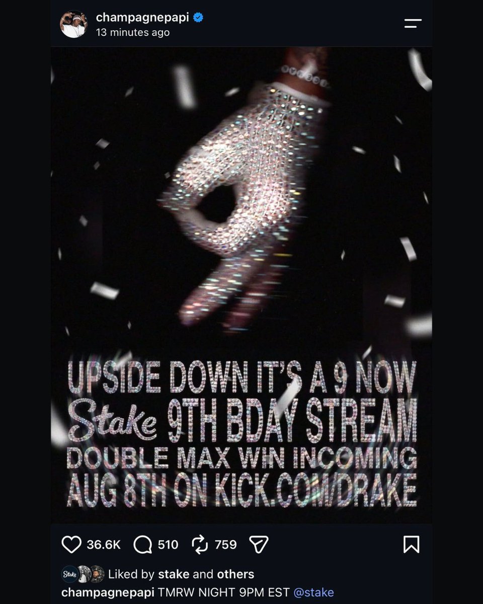 Stake's tweet photo. Celebrating Stake’s 9th bday with @Drake and a $1,000,000 giveaway 🎂💰 https://t.co/uzb2kepacN
