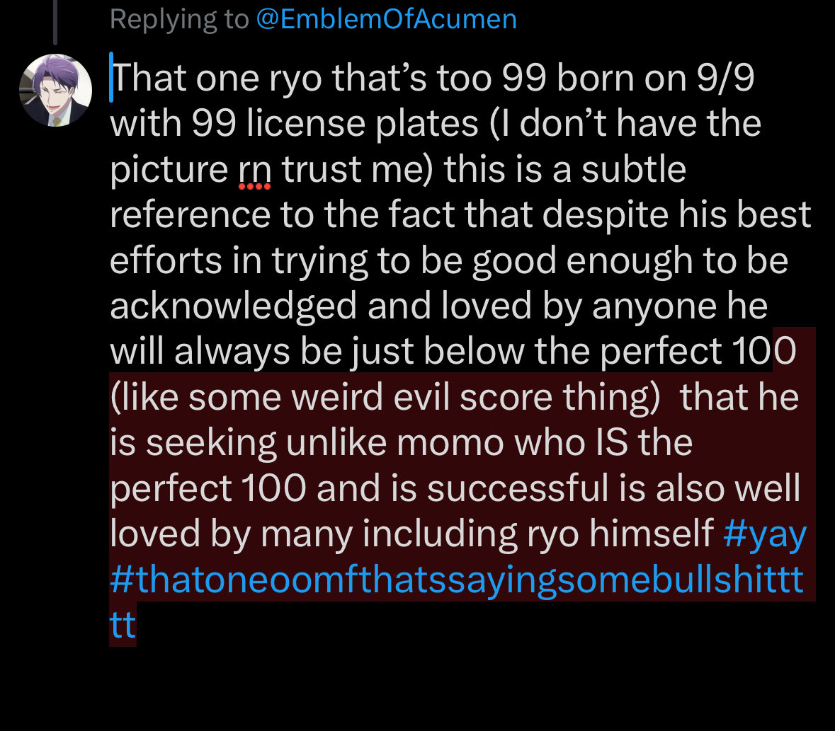 lvlnkrng's tweet photo. @EmblemOfAcumen That one oomf that cornplates ryo content https://t.co/EllOpIPOc0