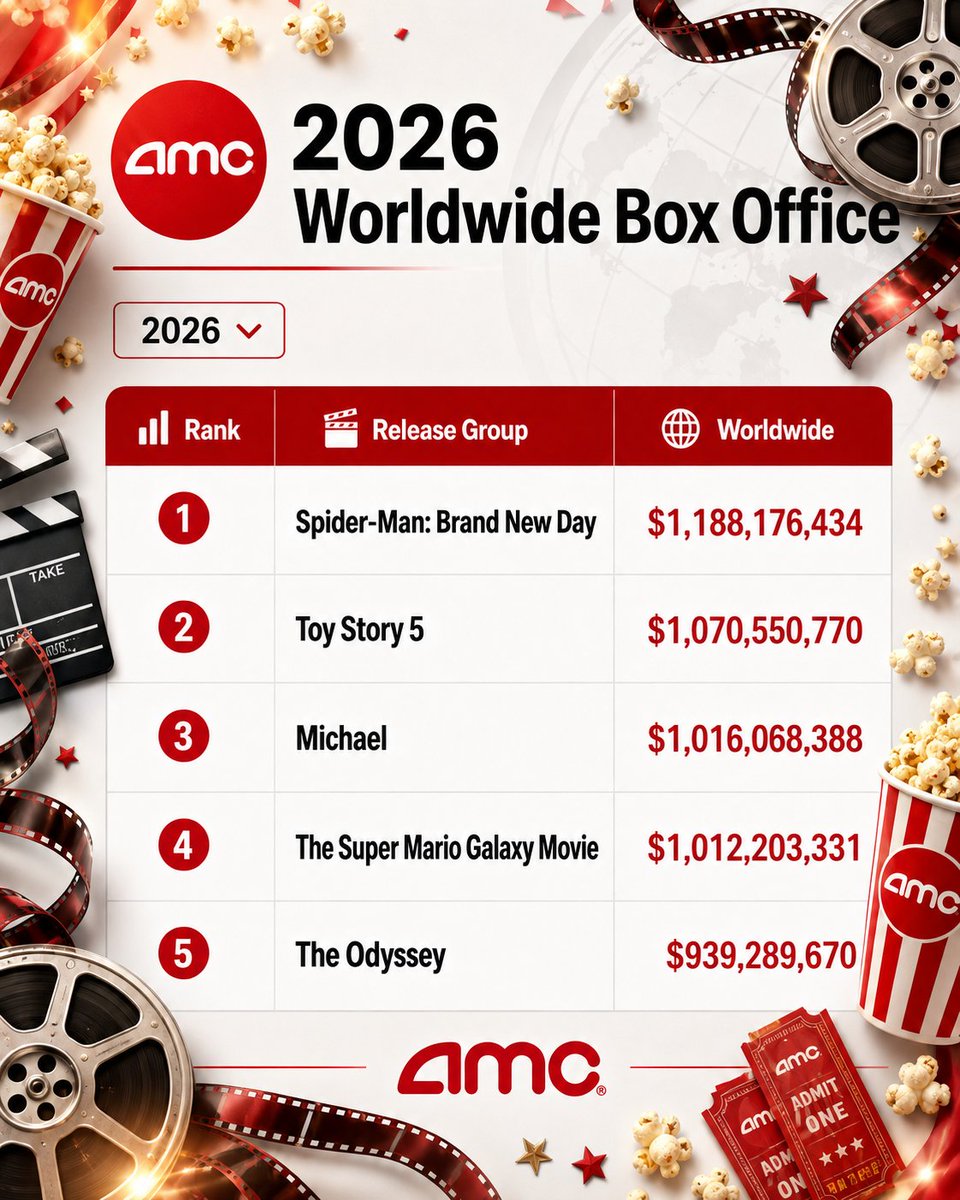 Degen_Life_'s tweet photo. 2026 BOX OFFICE IS COOKING 🍿🔥
4 movies already over $1 BILLION worldwide… and *The Odyssey* is knocking on the door.
Movies aren’t dead. Theaters aren’t dead.
Hollywood is firing on all cylinders.
$AMC 🎬🍿🚀 #AMC #AMCTheatres #BoxOffice #APES https://t.co/jmI6XvRqKx