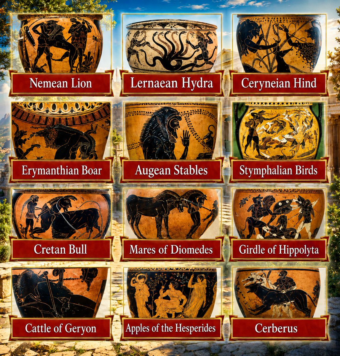 RealHellenist's tweet photo. The Twelve Labours of Herakles can be understood as the Labours of the soul. Herakles does not merely conquer monsters. He conquers the forces within the mortal being that obstruct the soul's ascent towards the divine.

The Nemean Lion is the primal animal nature, which must be confronted directly and subdued by the higher will.

The Lernaean Hydra is the multiplicity of passions and desires which return stronger when merely suppressed, demanding purification at their very root. 

The Ceryneian Hind is spiritual purity, pursued with patience and attained without violating what is sacred.

The Erymanthian Boar is the wild and selfish nature restrained by discipline and brought beneath the governance of the higher soul.

The Augean Stables are the accumulated impurities of the soul, cleansed not one by one, but by directing a purifying current through their depths.

The Stymphalian Birds are the multitude of disordered thoughts hidden within the soul, which must be brought into the open and overcome by disciplined intellect.

The Cretan Bull is the untamed force of passion, which must be subdued and brought beneath the mastery of the higher soul rather than destroyed.

The Mares of Diomedes are destructive impulses which consume their possessor until they themselves are mastered.

The Girdle of Hippolyta represents spiritual sovereignty, the power of the soul that has learned to govern itself.

The Cattle of Geryon are distant and divided powers which must be gathered and brought into harmony beneath the rule of the higher self.

The Golden Apples of the Hesperides are the fruits of higher knowledge, attained only after the soul has passed beyond the ordinary boundaries of mortal experience.

Finally, Herakles descends alive into Hades, confronts Cerberus without weapons, and returns victorious to the light. The final Labour is the soul's confrontation with death itself, a descent into its darkest depths from which it emerges unconquered.

Yet even the Twelve Labours are not the end of the Heraklean path. Upon Mount Oeta, the fire that consumes his mortal form becomes the image of final purification, in which mortality is cast away and divine life begins. Herakles is received among the Gods on Olympus and united with Hebe, divine Youth.

The Heraklean path is one of continual mastery and purification. Through it, the soul brings its lower nature into order, attains higher knowledge, and passes unconquered through the realm of death, culminating in apotheosis.
