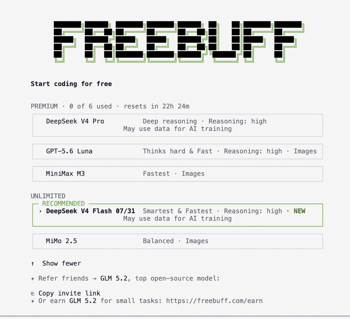 E_mc2dev's tweet photo. 兄弟们，快来，免费无限deepseek-v4-flash（07/31）使用，还有 v4 pro以及gpt-5.6-luna有限度免费使用，这一切就在freebuff，地址放评论区了。#deepseek #免费token #freebuff #gpt https://t.co/EvaCLZdTIE