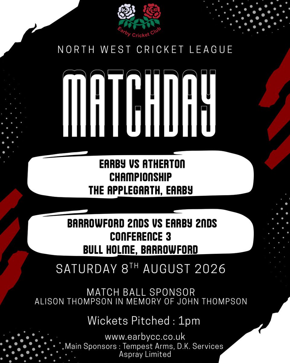EarbyCC's tweet photo. Match Ball Sponsor - Alison Thompson in Memory of John Thompson 

The bar will be open as usual selling a variety of drinks and snacks so why not pop on down and enjoy the sun whilst having a drink and watching the lads in action ☀️🏏🍺🍷 https://t.co/9UM34WF6xy