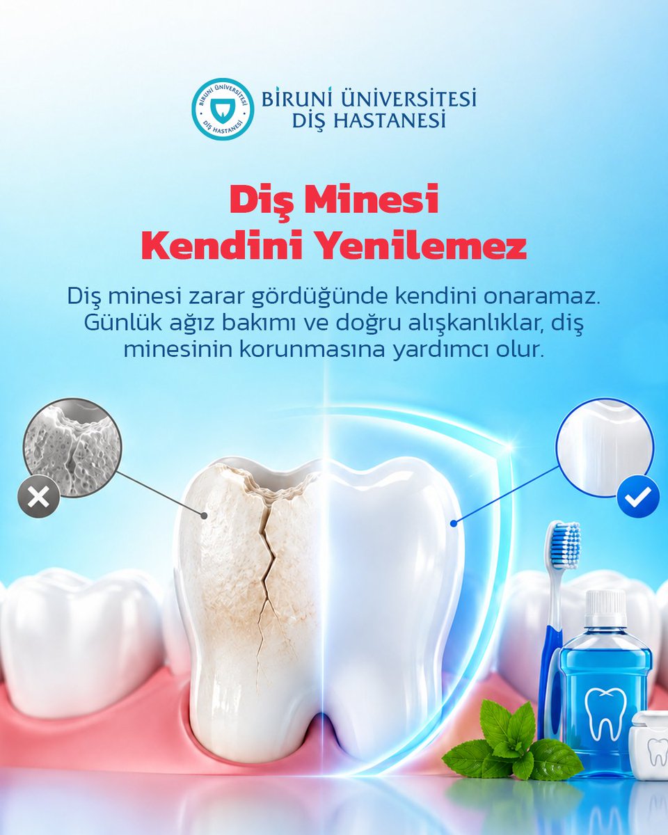 BiruniDis's tweet photo. Diş minesi, dişleri dış etkenlere karşı koruyan en sert dokudur. Bu nedenle doğru fırçalama alışkanlıkları, dengeli beslenme ve düzenli diş hekimi kontrolleri diş minesinin korunmasında önemli rol oynar.

#BiruniDiş #DişSağlığı #AğızSağlığı #KoruyucuDişHekimliği #SağlıklıGülüş https://t.co/MWOOX0Pjsq