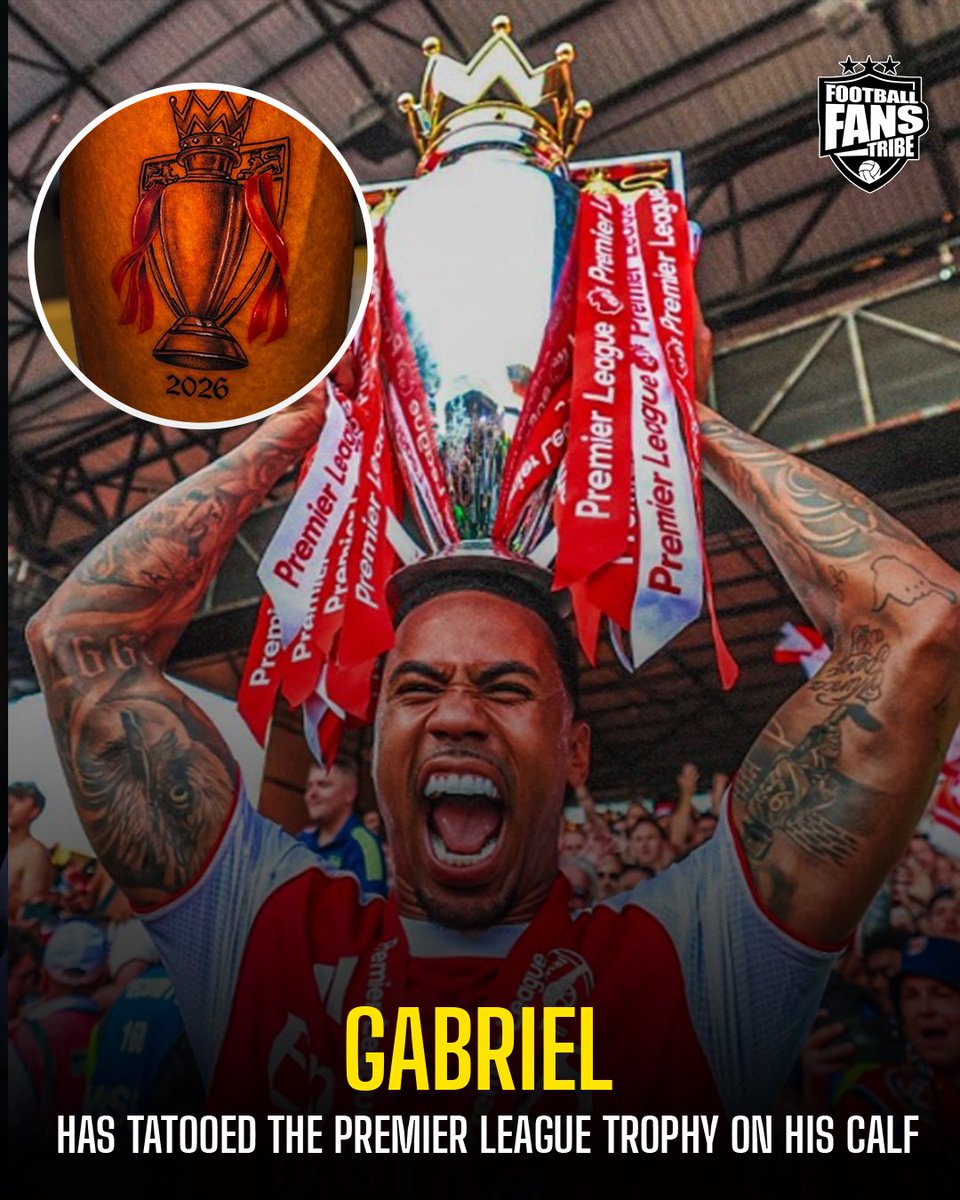 FansTribeHQ's tweet photo. 🚨💉 Gabriel has permanently inked the Premier League trophy on his calf and it’s a permanent skin-deep declaration of intent👑🔴

#Arsenal #AFC #GabrielMagalhaes #premierleague https://t.co/47u7TQfyvl