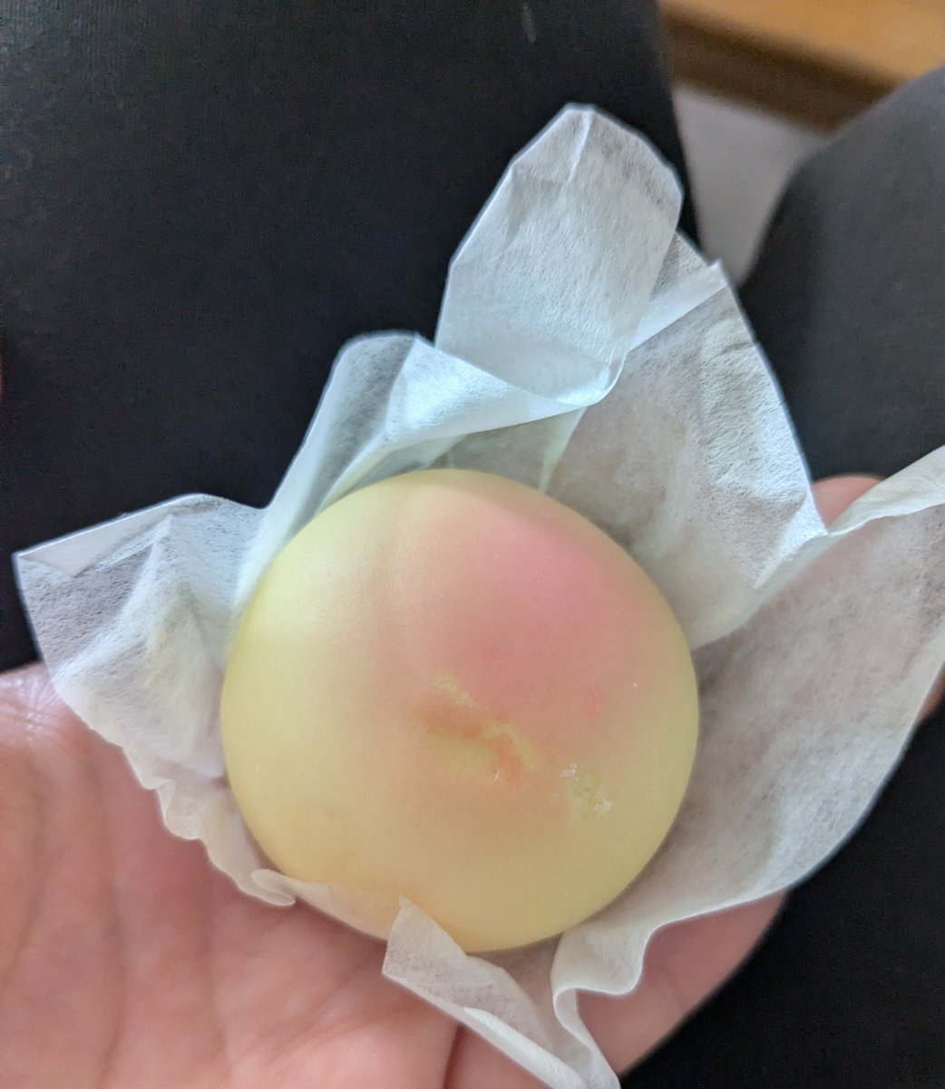 maru_cojimaru's tweet photo. 長男が学校の宿泊学習でお土産買ってきてくれた〜！
こんな箱だったから「え？これ本物の桃?」と聞いたら長男が「多分そう」と言うので桃にしては小さいなと思って開けたらお饅頭だった。
「本物の桃じゃないじゃん😂」というと「本物だとは俺は思ってなかった」とのこと。
発達児、会話がむずいぜ…😌 https://t.co/hqlvnW9KDy