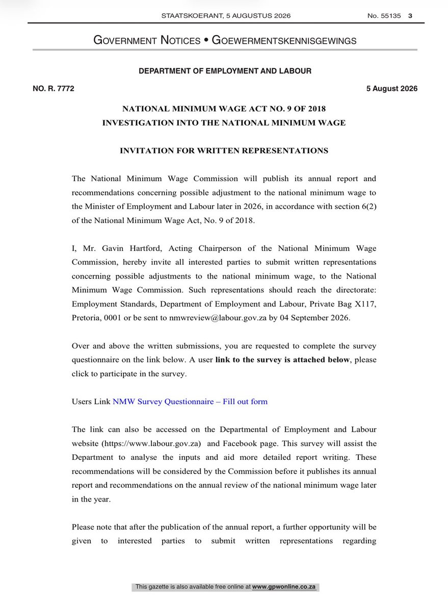 deptoflabour's tweet photo. [ICYMI] National Minimum Wage Act: investigation into National Minimum Wage Invitation for written representations.
https://t.co/hLHLWSGAnc
#Yazini #ServicedeliveryZA #GovZAUpdates #WomensMonth2026 https://t.co/sIDjtVfk9M