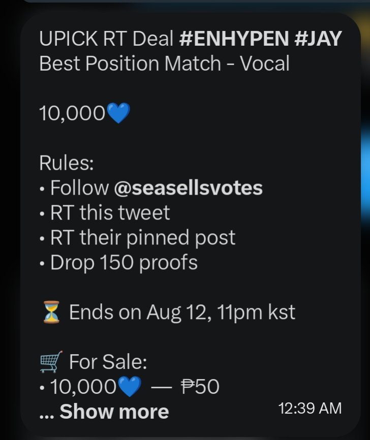 YJW_ia's tweet photo. UPICK RT Deal #ENHYPEN #JAY
Best Position Match - Vocal

10,000💙

Rules:
• Follow @seasellsvotes 
• RT this tweet
• RT their pinned post
• Drop 150 proofs

⏳ Ends on Aug 12, 11pm kst

🛒 For Sale:
• 10,000💙  —  ₱50
• Bulk buy with discount https://t.co/YZZacoaTbA