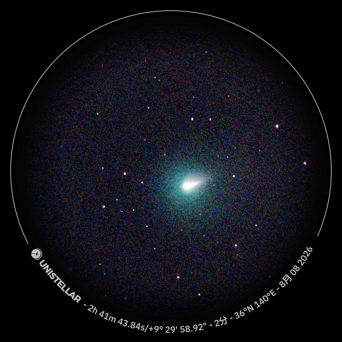 FUKUI_Keiichi's tweet photo. 8月8日(金)早朝のマクノート彗星 220P/McNaught。昨日より尾がはっきりしている。雲が多く、航海薄明が始まってから撮像。昨日と同じトーンカーブを適用。
2026/8/8 03:50-03:55 (JST) #eVscope exp=2min https://t.co/qTcCt5g8RM