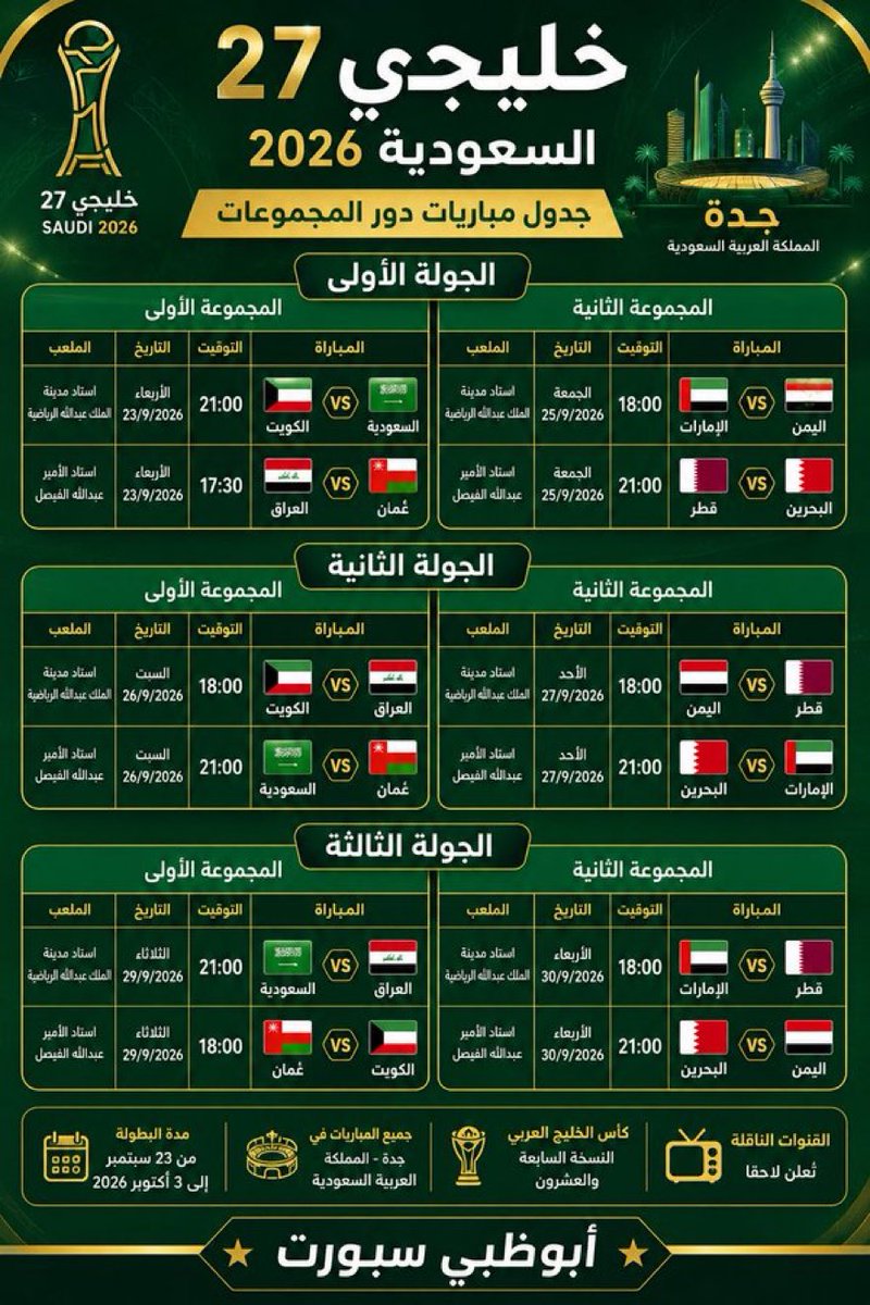 _90TM's tweet photo. 🚨جدول مباريات خليجي 27 في مدينة جدة : https://t.co/CZKy3tQRWe