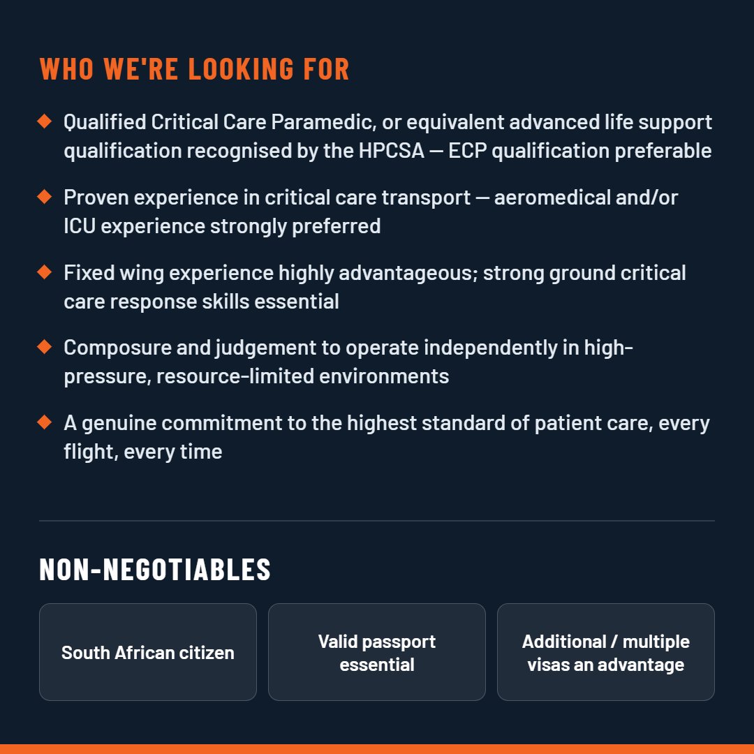 EMER_G_MED's tweet photo. We're hiring a Critical Care Flight Paramedic — Fixed Wing + ground response.

Aeromedical retrievals at altitude, advanced critical care on the road between flights. Above-market pay.

HPCSA-recognised ALS (ECP preferable) + valid passport essential.

Closes 22 Aug.

CV → jurgen.kotze@emer-g-med.co.za

Ref EGM-CCFP-FW-0826