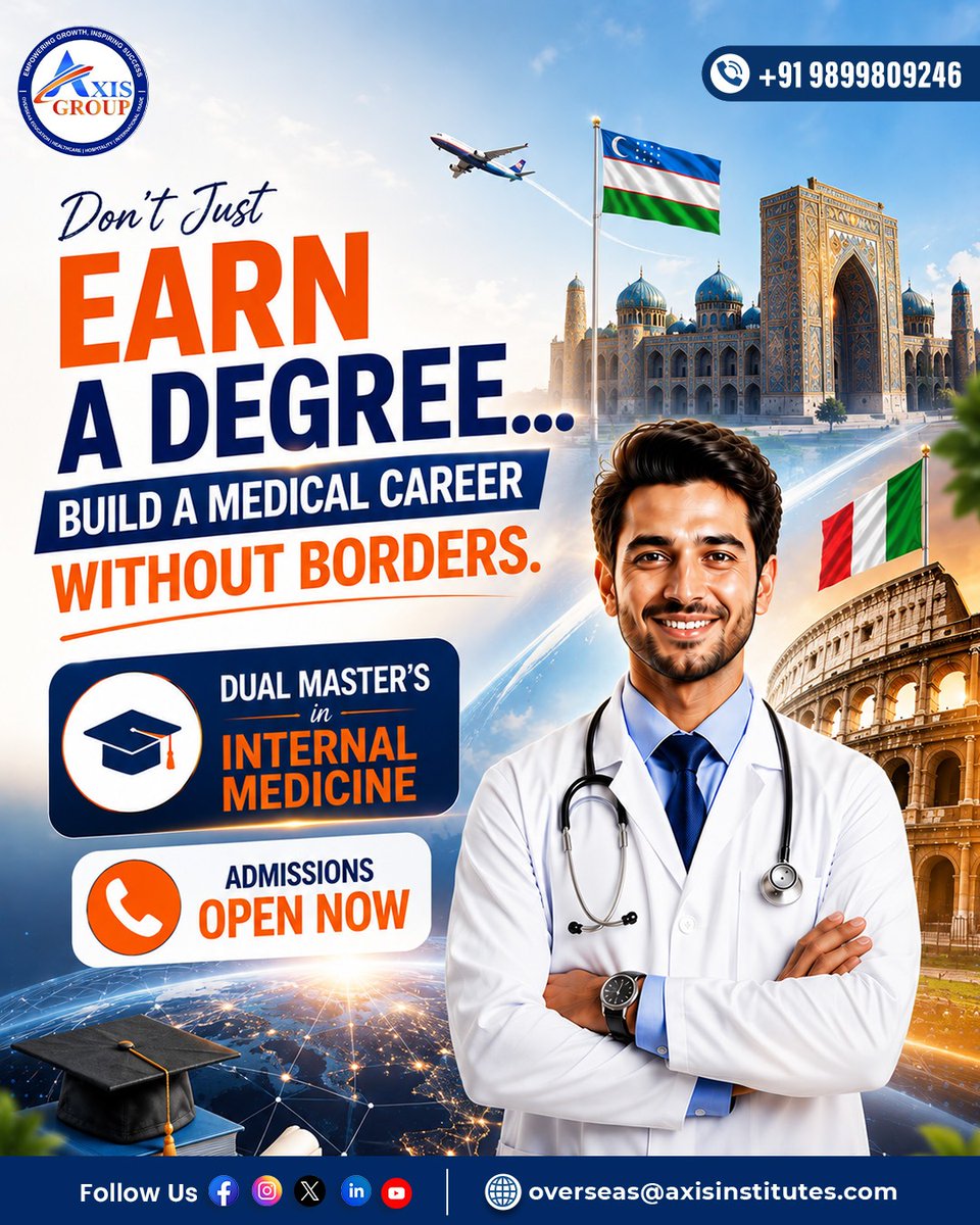 axisinstitutes's tweet photo. Dual Master’s in Internal Medicine | Italy & Uzbekistan
#StudyAbroad #MBBSAbroad #MedicalEducation #StudyInUzbekistan #StudyInItaly #InternalMedicine #DualMasters #MedicalCareer #FutureDoctor #InternationalEducation #MedicalStudents #AbroadEducation #MedicalAdmission https://t.co/RpjXeeVqyx