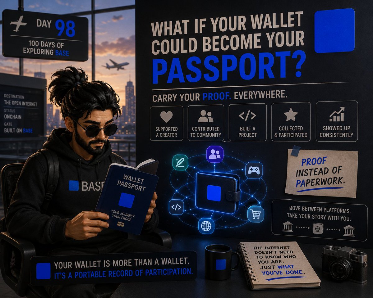 zyrex2608's tweet photo. Hallo everyone welcome to our 100 Days journey of Exploring @base . In Day 98 a question have poped up in my mind What If Your Wallet Could Become Your Passport?

Not the kind you show at an airport. A different kind. A passport for the internet. Think about how many times we prove ourselves online.

We Create an account, Verify an email, Enter a phone number, Fill out a profile, Upload documents, Build a reputation from scratch. Then we do it all over again on the next platform.

It feels normal because we have lived with it for years but it does not have to be this way. 

An onchain wallet can carry something much more interesting: proof of what you have actually done.

You supported a creator, contributed to a community, built a project, collected something, participated early, showed up consistently.

That history does not have to stay locked inside one app. It can travel with you and that is where Base gets interesting to me.

Not because a wallet replaces every login but because the internet could start asking for proof instead of paperwork.

Imagine joining a community and your history already tells part of your story or discovering an app and bringing your reputation with you or moving between platforms without starting from zero every time.

Your wallet stops being just a place where you keep assets. It becomes a portable record of participation.

We are used to carrying passports between countries. Maybe the next step is carrying proof between platforms.

And if that happens the internet becomes a lot less interested in asking: "Who says you're trustworthy?"

and a lot more interested in asking: "What have you done?"

Day 98/100 of exploring Base.