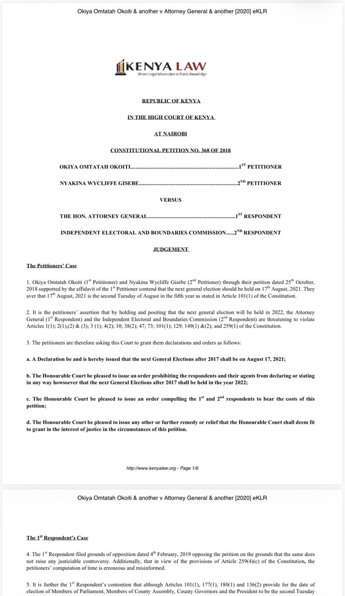 OkiyaOmtatah's tweet photo. STATEMENT ON CONTRADICTING HIGH COURT DECISIONS ON THE DATE OF ELECTIONS - HIGH COURT CONSTITUTIONAL PETITION NO. 368 OF 2018

Fellow Kenyans,
In my continuous pursuit to uphold constitutionalism and strict adherence to the law, I filed a petition in 2018 alongside Nyakina Wycliffe Gisebe against the Attorney General and the Independent Electoral and Boundaries Commission (IEBC). Our position then was, based on a calculation of time under Article 101(1) and related provisions, the correct date for the general election ought to have fallen in August 2021 specifically, four years after the 2017 elections, rather than pushing it to 2022.
On 26th November 2020, the High Court (Hon. Justice Weldon Korir) dismissed our petition with costs. It is important for the public to understand the clear judicial reasoning given by the court for this determination:

 Constitutional Harmony & Full 5-Year Tenure: 
Justice Korir highlighted that the Constitution mandates that all elected officials (the President, Governors, MPs, and MCAs) serve a full five-year term and be elected on the exact same date. Accepting my interpretation would have truncated the terms of sitting elected officials down to four years, producing an absurdity that goes against a holistic and purposive interpretation of the Constitution.

 Computation of Time: 
Relying on Article 259(5)(c) and binding Court of Appeal precedent (Attorney-General & another v Andrew Kiplimo Sang Muge & 2 others), the Court affirmed that a 5-year cycle counted from the August 8, 2017 election ends on the second Tuesday of August in the fifth year—which firmly established the next general election date as 9th August 2022.

 Precedent and Futile Litigation: 
The learned judge noted that the legal question regarding the election cycle had already been authoritatively determined by the Court of Appeal in November 2017, nearly a year before my petition was lodged. Consequently, the High Court held that litigating settled law caused unnecessary expense to taxpayers, warranting an award of costs against the petitioners.
While I took a different legal view at the time, I respect the rule of law and the constitutional boundaries set by the courts. 
True public interest litigation requires pushing the boundaries of legal interpretation, accepting judicial rulings gracefully when established precedent prevails, and continuing to defend the Constitution within the parameters set by our judicial system.