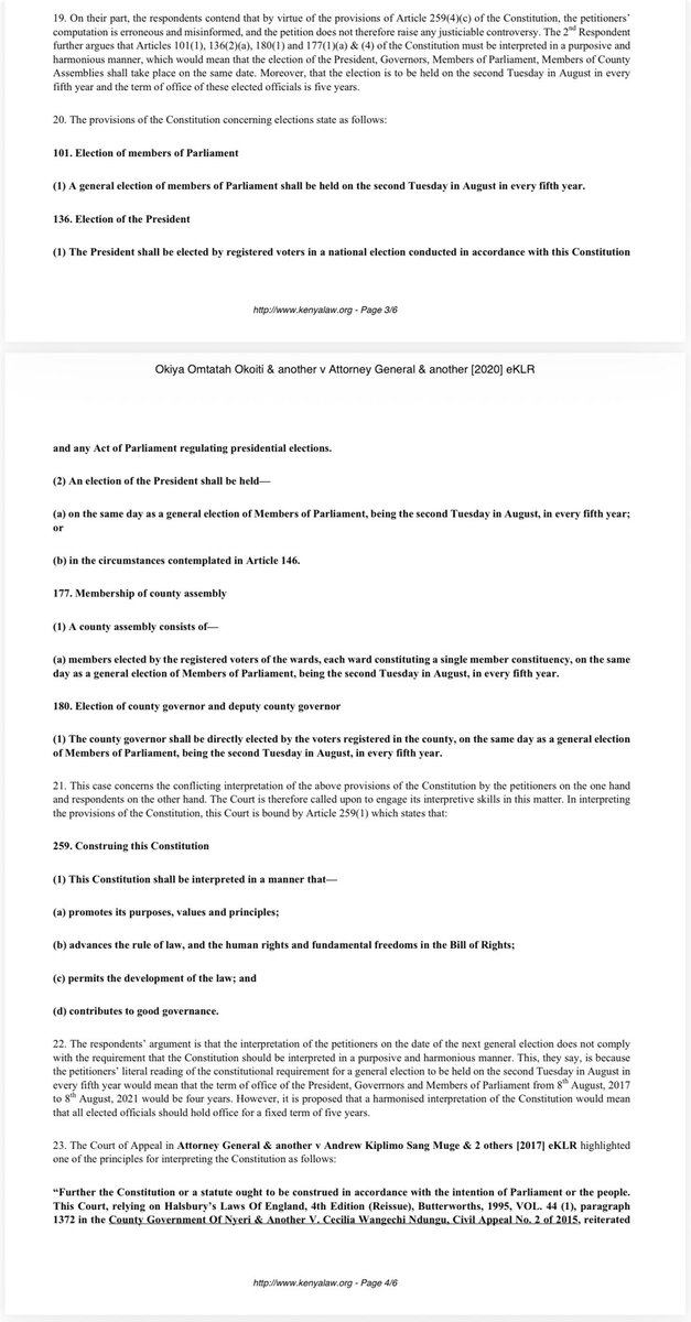 OkiyaOmtatah's tweet photo. STATEMENT ON CONTRADICTING HIGH COURT DECISIONS ON THE DATE OF ELECTIONS - HIGH COURT CONSTITUTIONAL PETITION NO. 368 OF 2018

Fellow Kenyans,
In my continuous pursuit to uphold constitutionalism and strict adherence to the law, I filed a petition in 2018 alongside Nyakina Wycliffe Gisebe against the Attorney General and the Independent Electoral and Boundaries Commission (IEBC). Our position then was, based on a calculation of time under Article 101(1) and related provisions, the correct date for the general election ought to have fallen in August 2021 specifically, four years after the 2017 elections, rather than pushing it to 2022.
On 26th November 2020, the High Court (Hon. Justice Weldon Korir) dismissed our petition with costs. It is important for the public to understand the clear judicial reasoning given by the court for this determination:

 Constitutional Harmony & Full 5-Year Tenure: 
Justice Korir highlighted that the Constitution mandates that all elected officials (the President, Governors, MPs, and MCAs) serve a full five-year term and be elected on the exact same date. Accepting my interpretation would have truncated the terms of sitting elected officials down to four years, producing an absurdity that goes against a holistic and purposive interpretation of the Constitution.

 Computation of Time: 
Relying on Article 259(5)(c) and binding Court of Appeal precedent (Attorney-General & another v Andrew Kiplimo Sang Muge & 2 others), the Court affirmed that a 5-year cycle counted from the August 8, 2017 election ends on the second Tuesday of August in the fifth year—which firmly established the next general election date as 9th August 2022.

 Precedent and Futile Litigation: 
The learned judge noted that the legal question regarding the election cycle had already been authoritatively determined by the Court of Appeal in November 2017, nearly a year before my petition was lodged. Consequently, the High Court held that litigating settled law caused unnecessary expense to taxpayers, warranting an award of costs against the petitioners.
While I took a different legal view at the time, I respect the rule of law and the constitutional boundaries set by the courts. 
True public interest litigation requires pushing the boundaries of legal interpretation, accepting judicial rulings gracefully when established precedent prevails, and continuing to defend the Constitution within the parameters set by our judicial system.
