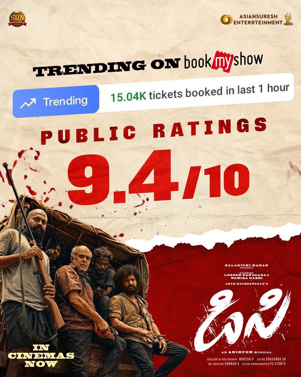 asiansureshent's tweet photo. #DC Takeover Begins!! 15.04K Tickets sold in the last hour with 9.4 Audience Rating on BookMyShow🔥🔥

Book your tickets now: 
🎟️ https://t.co/528hWPCztJ 
🎟️ https://t.co/pm20fjFaEP

@Dir_Lokesh @ArunMatheswaran @anirudhofficial @sunpictures @asiansureshent @isanjkayy @mukesh_DOP https://t.co/Y1npZNcM2u