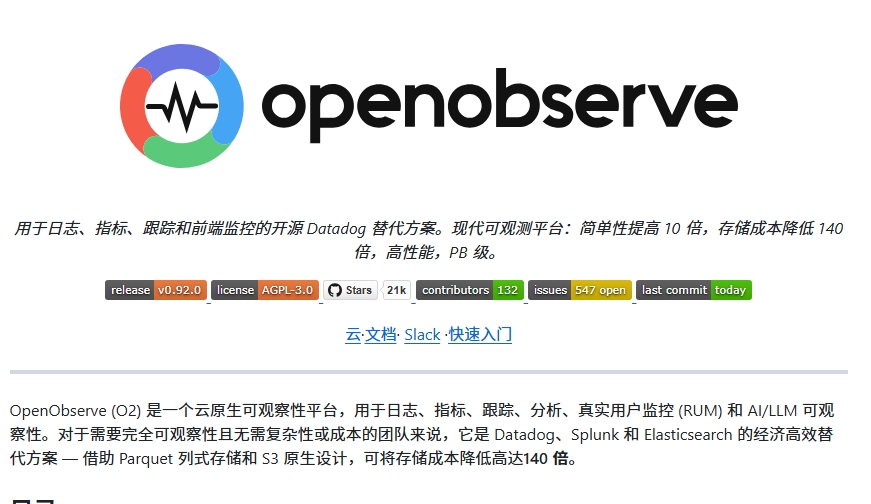 CycleDecoded's tweet photo. 每月被 Datadog 和 Elasticsearch 的账单背刺？告别这种昂贵烦恼的工具来了。  

GitHub 上这个叫 OpenObserve 的项目直接火爆圈子。它是一个基于 Rust 开发的下一代全栈可观测平台，专门用来干掉昂贵的商业日志运��软件。目前在 GitHub 已经狂揽 2.0 万颗 Star，采用 AGPL-3.0 开源协议，支持单文件直接部署，几分钟就能跑起来。  

存储成本暴降 140 倍：底层搞定 Parquet+S3 架构，存储占用小到夸张。

一套搞定所有监控：日志、指标、链路追踪、前端 RUM 外加大模型 LLM 监控全打包。

极其丝滑的查询：写 SQL 或 PromQL 就能查数据，完全不用重新学奇奇怪怪的自研语法。  

零门槛极速部署：单个二进制文件就能扛起 TB 级数据，告别庞大笨重的集群维护。

🔗 项目链接：
https://t.co/knbeKTXvS0