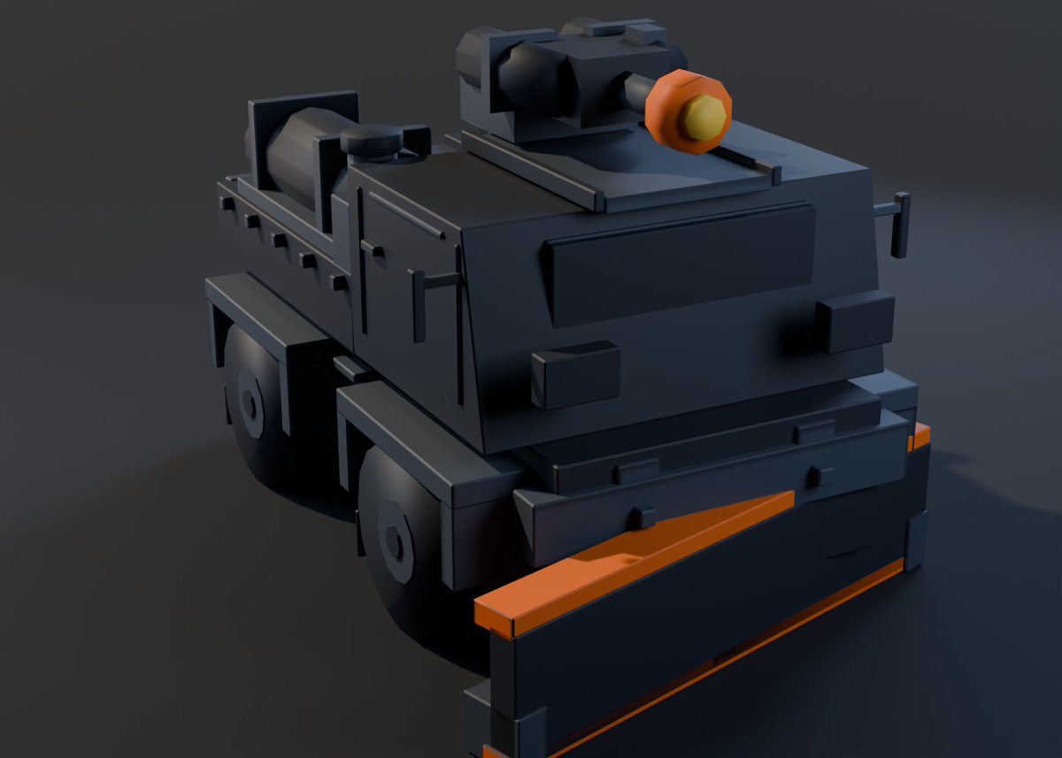 getburo's tweet photo. The Hauler. Biggest thing in the fleet, and it leads with a plow — a full-width orange blade across the nose.

It isn't armed so much as it's aimed. You point it at the horde. https://t.co/4jpJeUVFeX