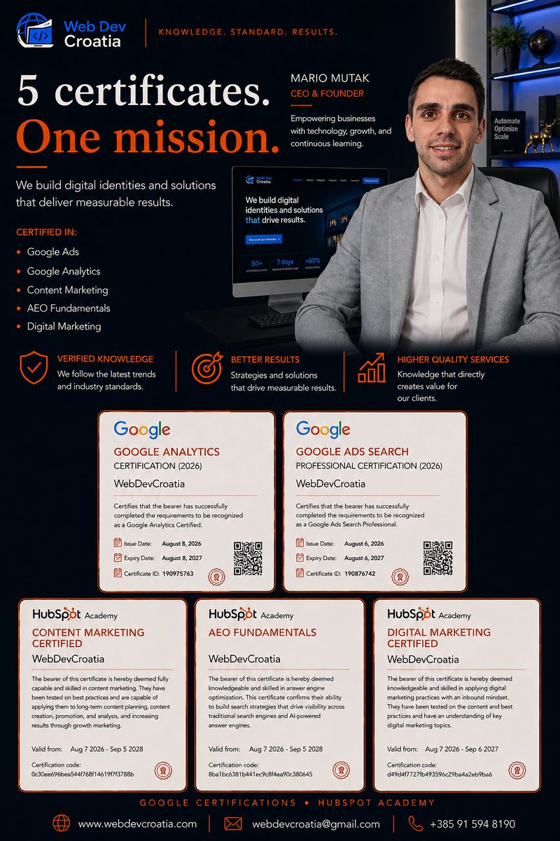 MarioMutakWEB's tweet photo. 🏆 Knowledge backed by results.
Our CEO &amp; Founder Mario Mutak has currently earned 5 professional certifications:

• Google Ads Search Professional
• Google Analytics
• Content Marketing
• AEO Fundamentals
• Digital Marketing https://t.co/lHrm38ZwbE