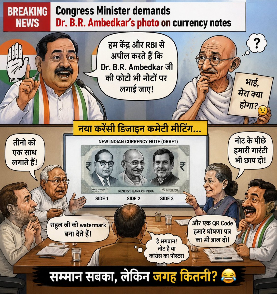 SinghS80276742's tweet photo. 😂 नोट पर #Ambedkar Ji की फोटो लगाने की मांग आई है…
अब अगला सवाल:
#Gandhi Ji कहाँ जाएंगे? 😜 या फिर #RaGa की फोटो लगेगी....
क्या नोटों पर भी #Congress में टिकट बंटवारे जैसा होगा....
“जिसकी लॉबी मजबूत, उसकी फोटो फ्रंट पर!” 🤣💵
और एक बात पहले ये तो बता दो भाई - ये कांग्रेस का official stand है या मंत्री जी का personal “photo proposal”? 😂
#IndianCurrency #RBI #Congress #CongressPolitics #PoliticalSarcasm #PoliticsWithHumour #FunnyPolitics #CurrencyNotes #India #DesiPolitics 😜🇮🇳