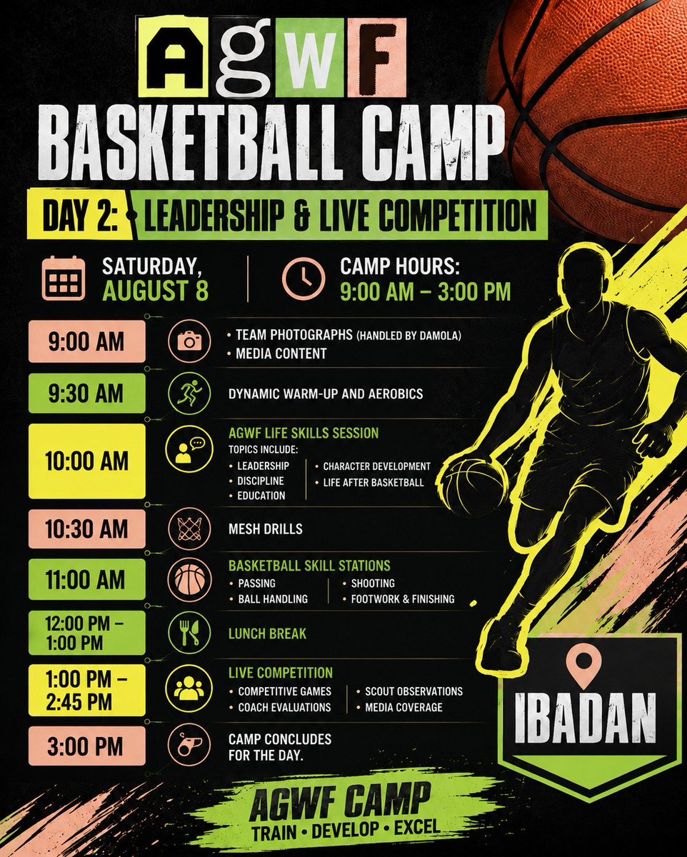 MeritJay11's tweet photo. 2day is DAY 2!

From life skills and leadership to skill development and live competition, Day 2 of the AGWF Basketball Camp is all about taking the next step on and off the court.

📍 Ibadan
🗓️ Saturday, August 8
⏰ 9:00 AM – 3:00 PM

#AGWF #AGWF10 #AlFarouqAminu https://t.co/wIfWvp4Dm8