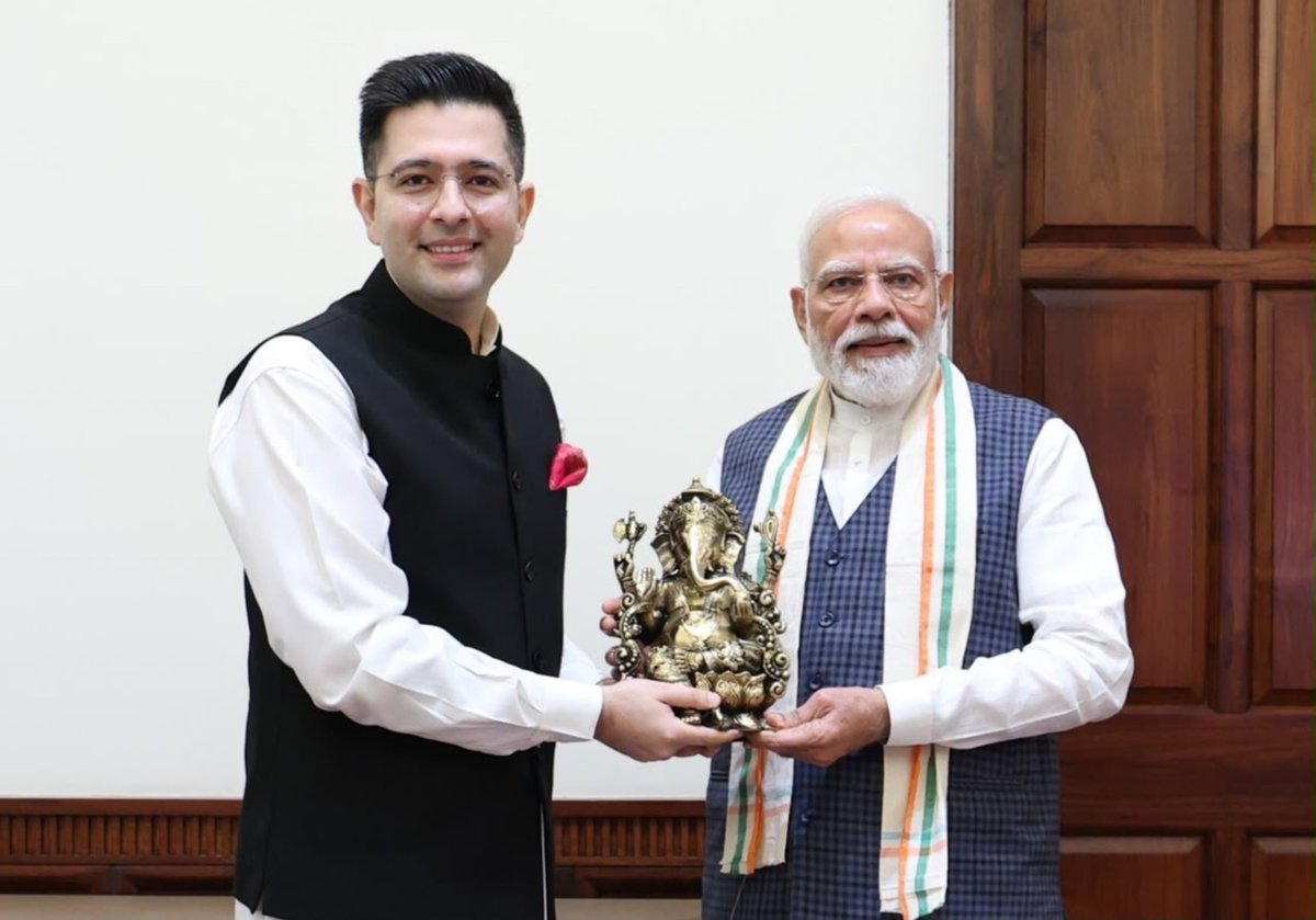 ANI's tweet photo. BJP MP Raghav Chadha met Prime Minister Narendra Modi in Delhi.

Chadha later tweeted, "A morning I will cherish.  Had the privilege of meeting Prime Minister Narendra Modi Ji. A detailed and enriching interaction. Deeply grateful for his generous time and for the opportunity to benefit from his insights and guidance."