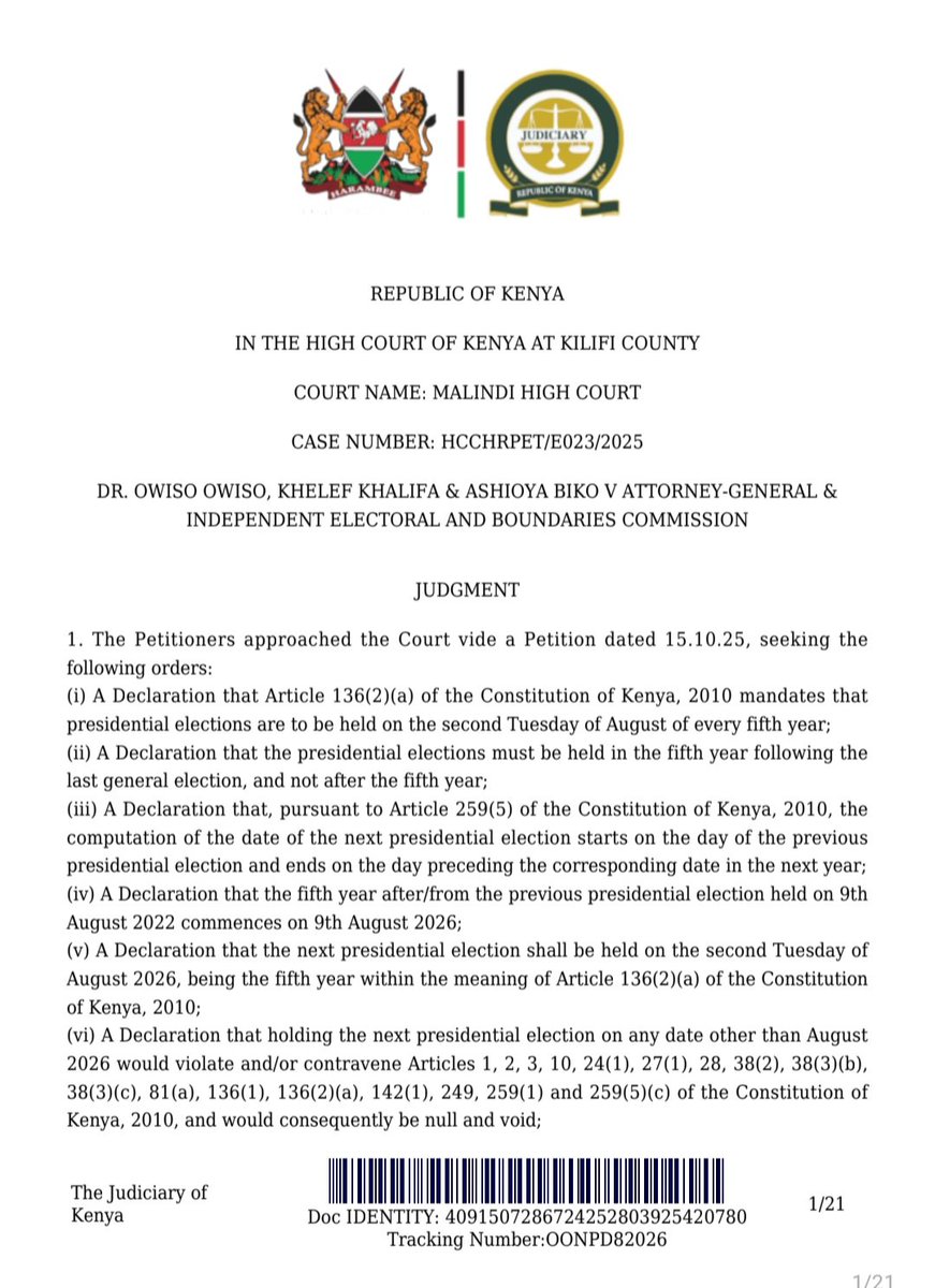 FaithOdhiambo8's tweet photo. The Malindi High Court judgment is not a call for constitutional panic. It is a serious declaration on electoral timelines and it must be read in its entirety, including the remedy the Court deliberately refused to grant. The Court held that Article 136(2)(a), an election on the second Tuesday of August “in every fifth year” means in the fifth year, not after it. On its computation under Article 259(5)(c), that date was 11 August 2026.

The Court also rejected the view that Article 142 creates an express, guaranteed five-year presidential term. It held that the President’s term begins on swearing-in and ends when the next President, elected under Article 136(2)(a), is sworn in. But that is not the end of the matter. The Court did not order IEBC to conduct an election next week. It declined the mandatory order because it found an immediate poll logistically impossible and likely to produce national instability.

More importantly, the Court suspended the declaration of invalidity until after the next general election, expressly so that IEBC may correct the defect. A suspended remedy is not an invitation to manufacture a vacuum in government. No part of the judgment removes the President from office, converts the presidency into a caretaker arrangement, or restricts any enumerated presidential power. Constitutional authority cannot be diminished by inference where the Court made no such order.

Article 142 itself supplies continuity. The President remains in office until the next President is sworn in. The constitutional order does not collapse merely because a court identifies a contested interpretation of an election timeline. The Court was equally clear that declaratory relief clarifies the law. It does not, without more, compel a specific act or make disobedience contempt. That distinction matters. A declaration is not a mandatory order in disguise.

The judgment raises profound questions on the relationship between fixed election dates, computation of constitutional time, the terms of Parliament and county governments, and the need for simultaneous elections. Those questions deserve calm, principled appellate resolution and not partisan improvisation.

The rule of law requires fidelity to both the Court’s reasoning and its actual orders. We must reject two temptations. Treating the judgment as irrelevant, or overstating it as having already displaced the constitutional government. The enduring constitutional principle is simple. Elections cannot be left to political convenience neither can constitutional remedies be administered in a manner that creates avoidable disorder. The Constitution is not self-destructive but designed to secure both accountability and continuity.

This judgment should prompt an urgent, sober and institutionally responsible legal response. But until varied, stayed or overturned, it remains a High Court interpretation subject to the remedies it granted, the limits it imposed and the appellate process provided by law.