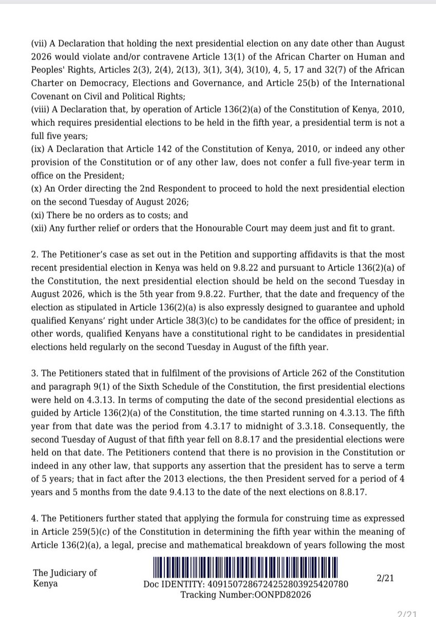 FaithOdhiambo8's tweet photo. The Malindi High Court judgment is not a call for constitutional panic. It is a serious declaration on electoral timelines and it must be read in its entirety, including the remedy the Court deliberately refused to grant. The Court held that Article 136(2)(a), an election on the second Tuesday of August “in every fifth year” means in the fifth year, not after it. On its computation under Article 259(5)(c), that date was 11 August 2026.

The Court also rejected the view that Article 142 creates an express, guaranteed five-year presidential term. It held that the President’s term begins on swearing-in and ends when the next President, elected under Article 136(2)(a), is sworn in. But that is not the end of the matter. The Court did not order IEBC to conduct an election next week. It declined the mandatory order because it found an immediate poll logistically impossible and likely to produce national instability.

More importantly, the Court suspended the declaration of invalidity until after the next general election, expressly so that IEBC may correct the defect. A suspended remedy is not an invitation to manufacture a vacuum in government. No part of the judgment removes the President from office, converts the presidency into a caretaker arrangement, or restricts any enumerated presidential power. Constitutional authority cannot be diminished by inference where the Court made no such order.

Article 142 itself supplies continuity. The President remains in office until the next President is sworn in. The constitutional order does not collapse merely because a court identifies a contested interpretation of an election timeline. The Court was equally clear that declaratory relief clarifies the law. It does not, without more, compel a specific act or make disobedience contempt. That distinction matters. A declaration is not a mandatory order in disguise.

The judgment raises profound questions on the relationship between fixed election dates, computation of constitutional time, the terms of Parliament and county governments, and the need for simultaneous elections. Those questions deserve calm, principled appellate resolution and not partisan improvisation.

The rule of law requires fidelity to both the Court’s reasoning and its actual orders. We must reject two temptations. Treating the judgment as irrelevant, or overstating it as having already displaced the constitutional government. The enduring constitutional principle is simple. Elections cannot be left to political convenience neither can constitutional remedies be administered in a manner that creates avoidable disorder. The Constitution is not self-destructive but designed to secure both accountability and continuity.

This judgment should prompt an urgent, sober and institutionally responsible legal response. But until varied, stayed or overturned, it remains a High Court interpretation subject to the remedies it granted, the limits it imposed and the appellate process provided by law.