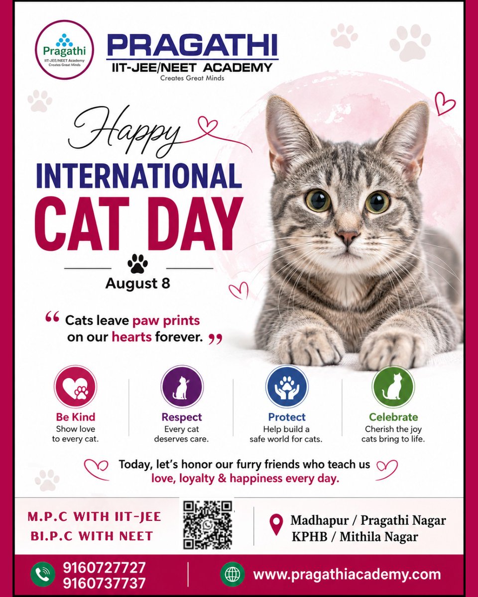 AcademyPragath's tweet photo. 🐱 Celebrate International Cat Day with kindness, compassion, and care. Let’s protect our furry friends and spread love everywhere together today! 💖
#InternationalCatDay #CatDay #LoveCats #CatLovers #BeKind #AnimalLovers #PetLove #PragathiAcademy #PragathiIITJEE #PragathiNEET https://t.co/rRVZTLpSGn