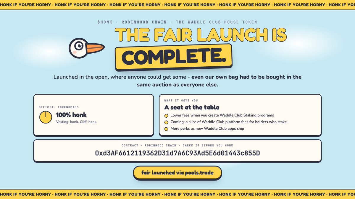 waddle_club's tweet photo. the $HONK fair launch is complete 🪿

we didn't get a special allocation. our ~9.8% was bought in the same auction as everyone else, and we'll keep adding on the open market from time to time.

honk if you're horny
https://t.co/lApcnoB8Ag https://t.co/o38f4MZlJk
