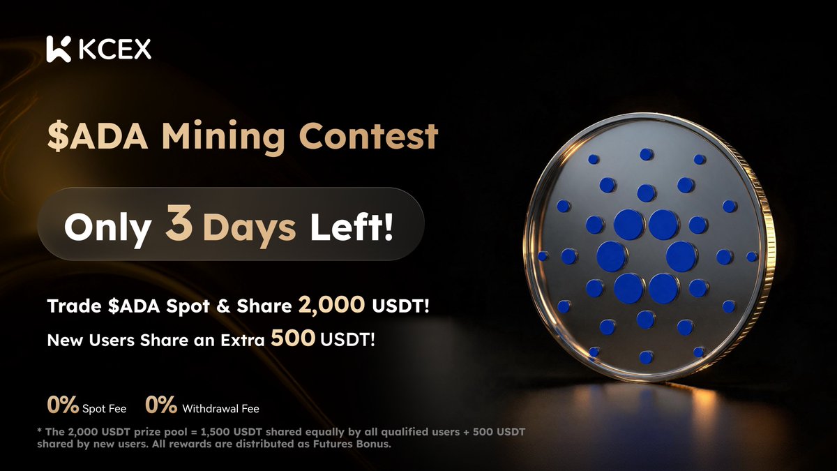 KCEX_Official's tweet photo. ⏳ $ADA Mining Contest — Only 3 Days Left!
Trade $ADA Spot and share a 2,000 USDT Futures Bonus pool! 💰
New users can share an extra 500 USDT Futures Bonus! 🎁
⚡ Don’t miss out — join now 👇
https://t.co/SRk5mmcZ6L
#KCEX #ADA #CryptoContest #0Fees https://t.co/TDPtOCTHXB