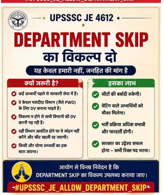 TeamMCQOfficial's tweet photo. #UPSSSC_JE_ALLOW_DEPARTMENT_SKIP 
योग्य और प्रतिभावान युवाओं को उनका हक मिले, इसके लिए JE 4612 भर्ती ��ें Department Skip का विकल्प बेहद जरूरी है। @myogiadityanath जी से न्याय की गुहार
@ABPNews 
@TheNewspinch 
@UPGovt 
@aajtak 
@TheLallantop 
@kpmaurya1 
@brajeshpathakup https://t.co/lQN9Duhdn9
