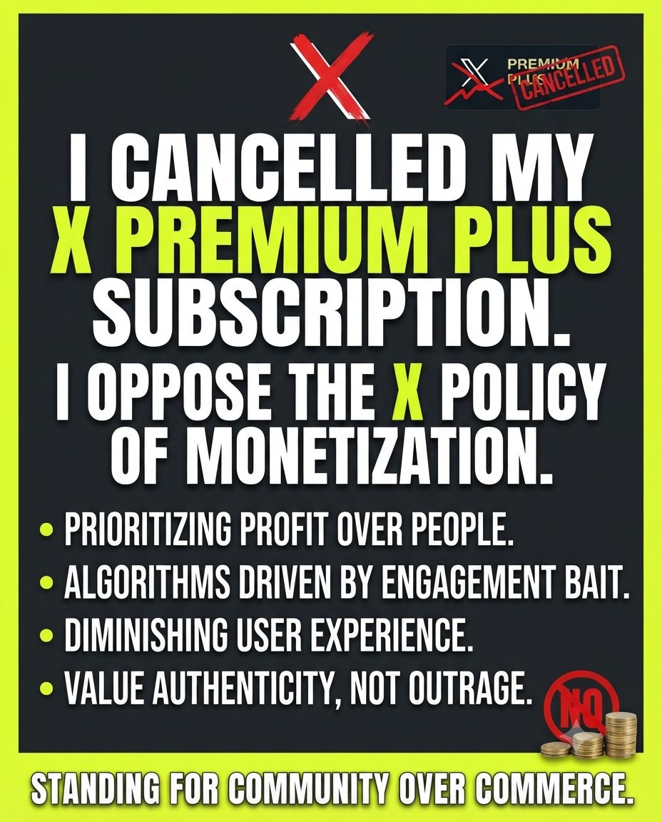 SHWETA13_INDIA's tweet photo. I've officially cancelled my X Premium Plus subscription.

I cannot in good faith support a platform where monetization takes priority over user experience and community well-being. It's time to value quality and authentic connection over the endless pursuit of engagement. 

Goodbye, blue check. 👋
#CancelX #SupportAuthenticity #DigitalIntegrity #XPremiumPlus #GoodbyeBlueCheck