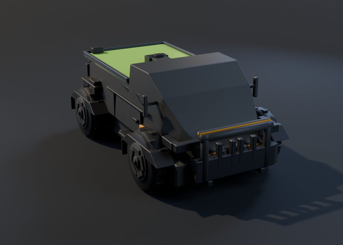 getburo's tweet photo. The Dynamo. Low wedge, bull bar at the front, and a big flat deck on the back that glows when it's charged and goes dead grey when it isn't.

You can see what state it's in from the truck behind it. https://t.co/kWkbOO6b1Q