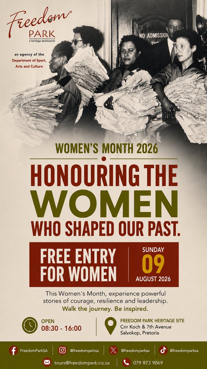 freedomparksa's tweet photo. This Sunday, 9 August, women enjoy FREE ENTRY at Freedom Park. Explore our heritage spaces and exhibitions, take in beautiful views, reflect in our reflection areas and enjoy a meal at @dandozest.

Bring a friend or family member.
Open: 08:30 – 16:00
#WomensDay2026 https://t.co/56pmE2nQn3
