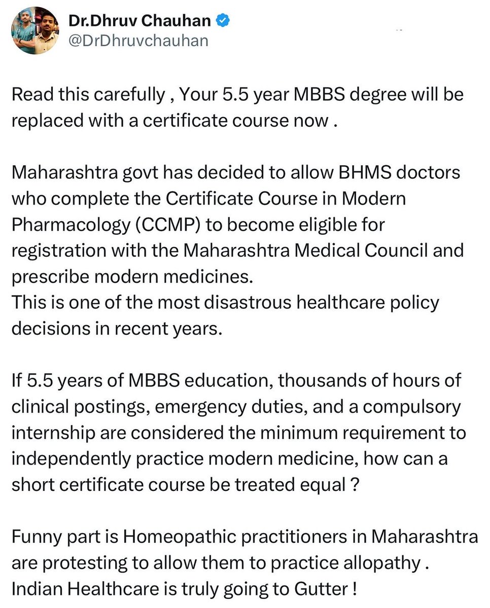 PredatorVolk's tweet photo. On one side, MBBS doctors spend years of rigorous training earning their degrees. On the other, there are demands to allow practitioners with certificate-level courses to practice modern medicine as equals.

What’s strange is that instead of demanding better recognition and development of their own system of medicine, some homeopathic practitioners in Maharashtra are seeking permission to practice allopathic medicine.